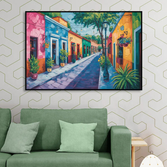 Coyoacán Colorful Streets Living Room - Black Canvas Wall Art
