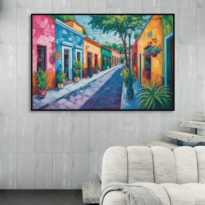 Coyoacán Colorful Streets Sitting Room - Black Canvas Wall Art
