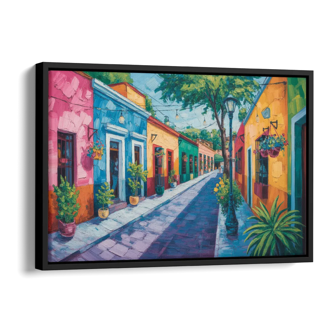 Coyoacán Colorful Streets Side - Black Canvas Wall Art