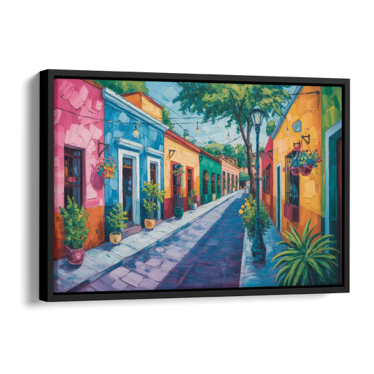 Coyoacán Colorful Streets Side - Black Canvas Wall Art