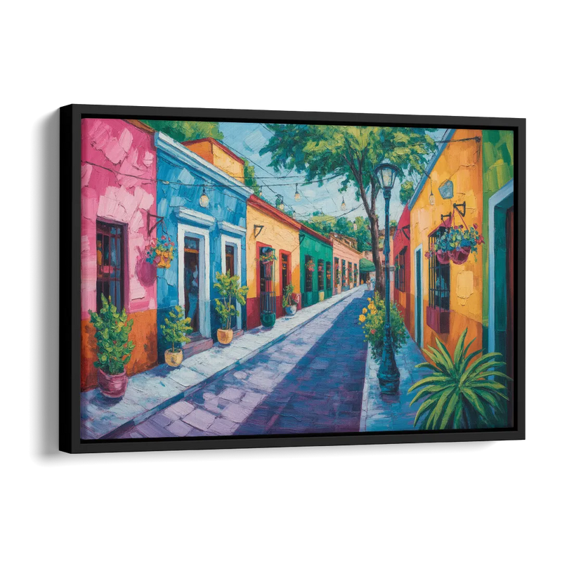 Coyoacán Colorful Streets Side - Black Canvas Wall Art