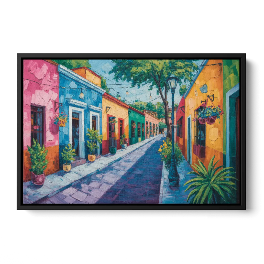Coyoacán Colorful Streets Front - Black Canvas Wall Art