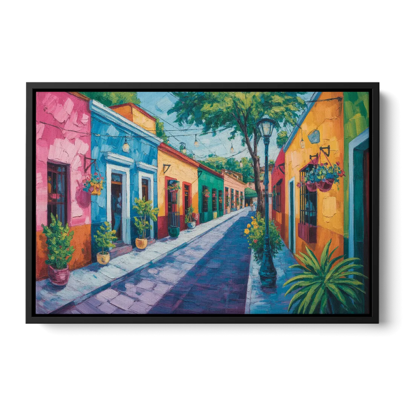 Coyoacán Colorful Streets Front - Black Canvas Wall Art