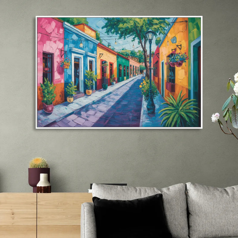 Coyoacán Colorful Streets Living Room - White Canvas Wall Art