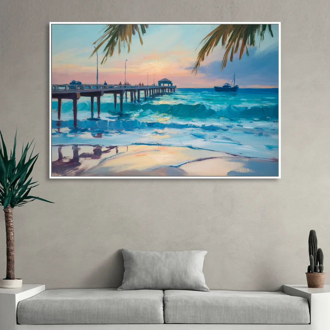 Cozumel Pier Sunrise Sitting Room - White Canvas Wall Art