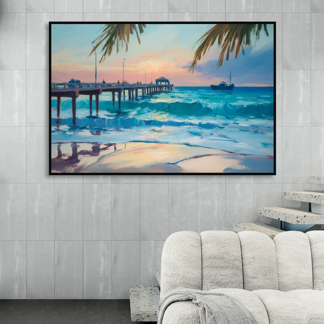 Cozumel Pier Sunrise Living Room - Black Canvas Wall Art