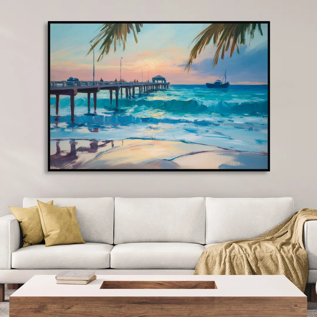Cozumel Pier Sunrise Sitting Room - Black Canvas Wall Art