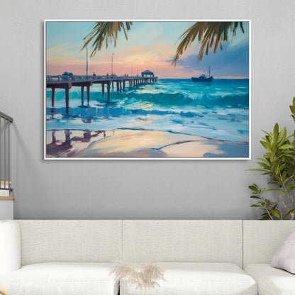 Cozumel Pier Sunrise Living Room - White Canvas Wall Art
