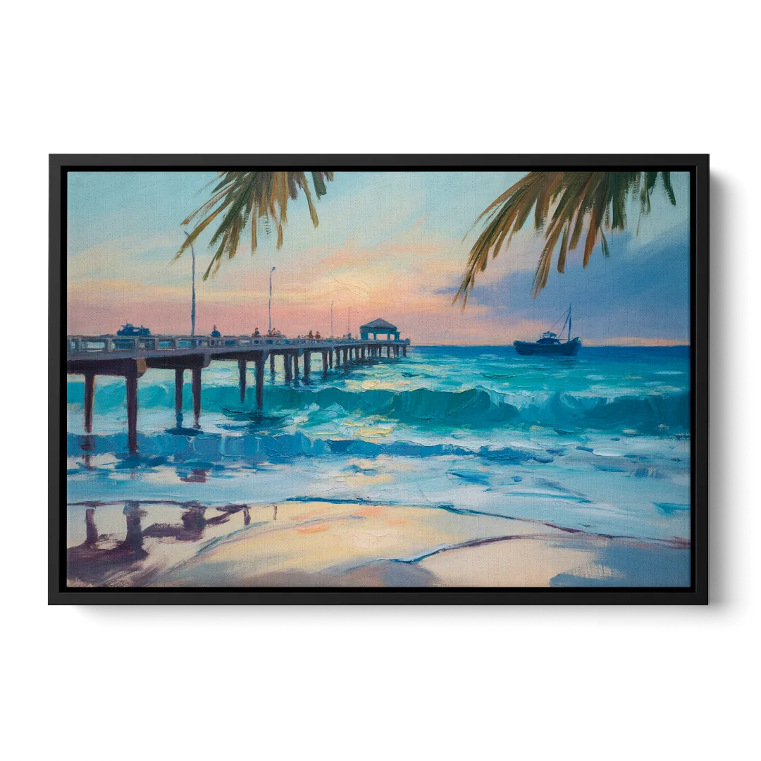 Cozumel Pier Sunrise Front - Black Canvas Wall Art