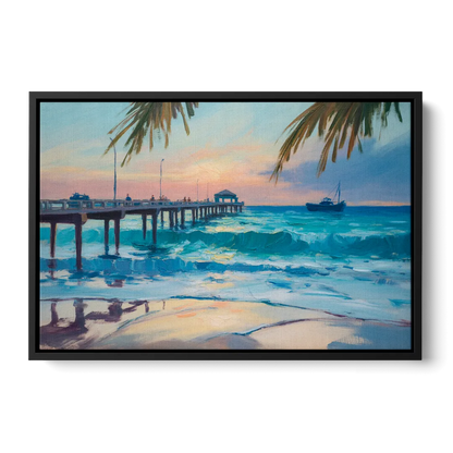 Cozumel Pier Sunrise Front - Black Canvas Wall Art