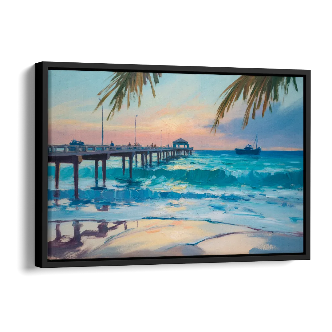 Cozumel Pier Sunrise Side - Black Canvas Wall Art
