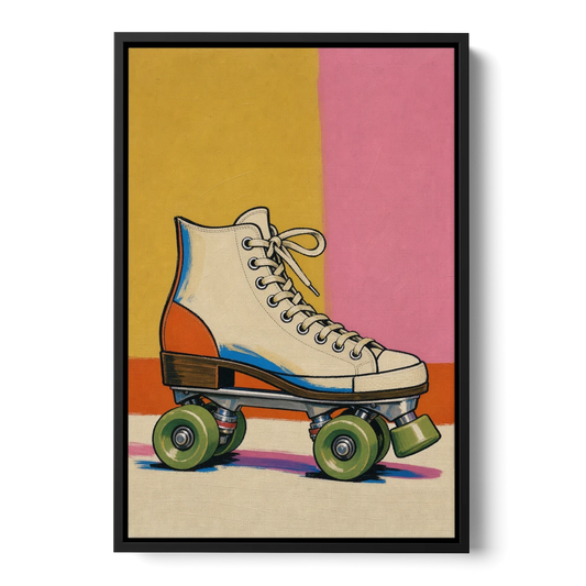 Cream Roller Skate with Green Wheels - Black Framed Canvas Wall Art - Front