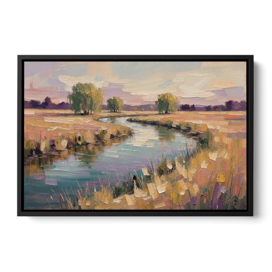 Creek Painting Winding Through a Summer Meadow - Black Framed Canvas Wall Art - Front