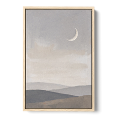 Crescent Moon Above Hazy Gray Hills - Oak Framed Canvas Wall Art - Front