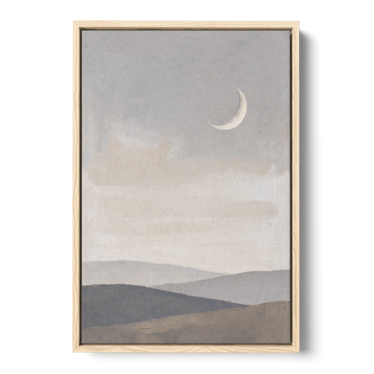Crescent Moon Above Hazy Gray Hills - Oak Framed Canvas Wall Art - Front