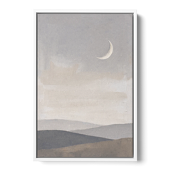 Crescent Moon Above Hazy Gray Hills - White Framed Canvas Wall Art - Front