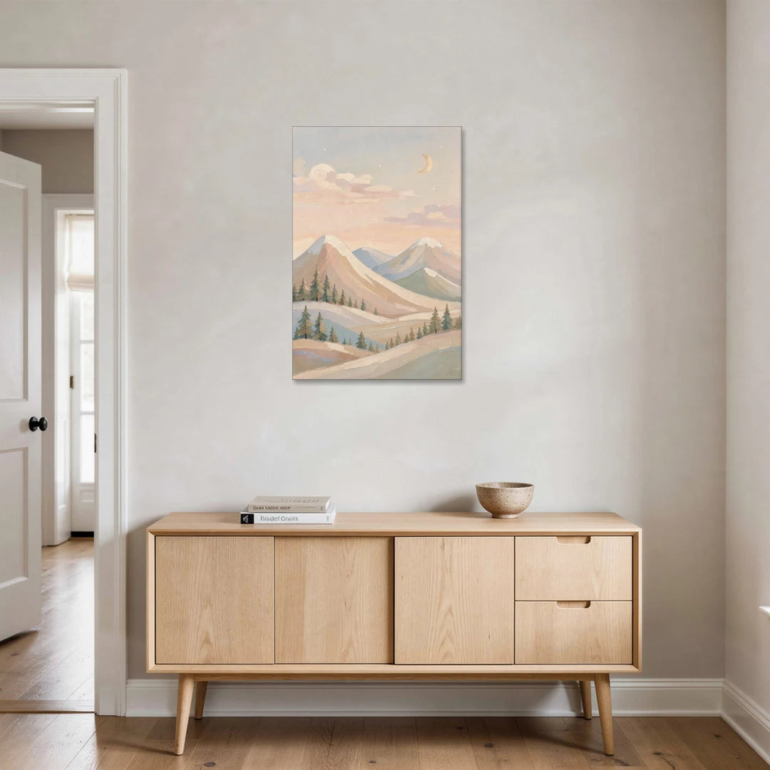 Crescent Moon Over Pastel Mountains - Canvas Wall Art - Coffee Table - 24x36