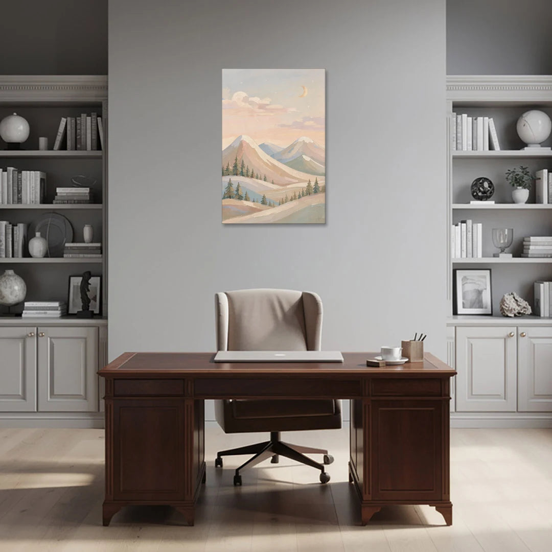 Crescent Moon Over Pastel Mountains - Canvas Wall Art - Office - 24x36