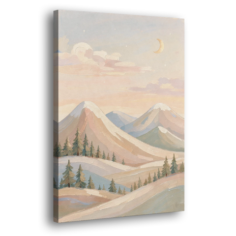 Crescent Moon Over Pastel Mountains for the Nursery - Canvas Wall Art
