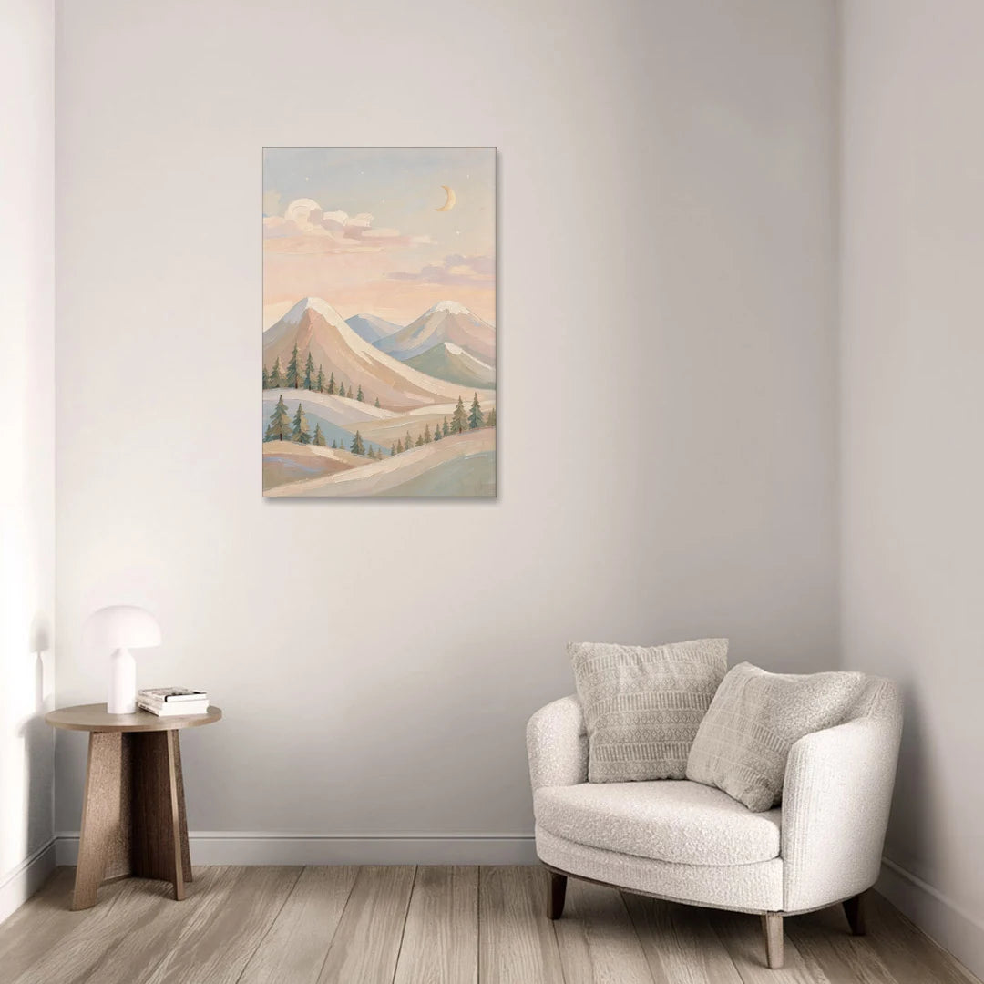 Crescent Moon Over Pastel Mountains - Canvas Wall Art - Sofa - 24x36