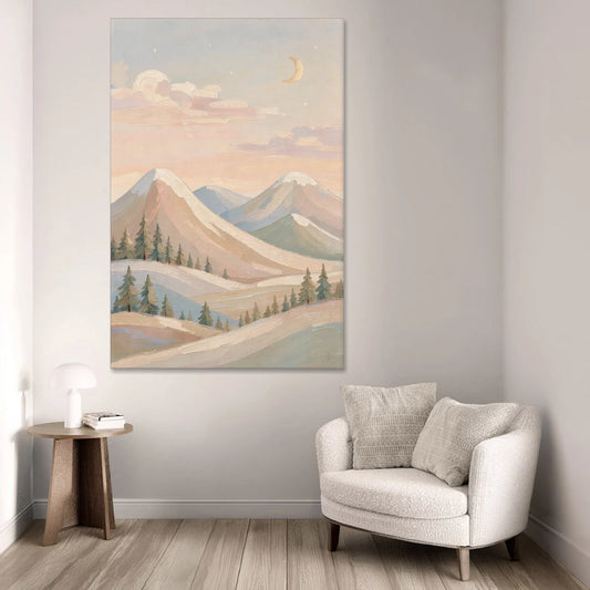 Crescent Moon Over Pastel Mountains for the Nursery - Canvas Wall Art - Sofa - 40x60