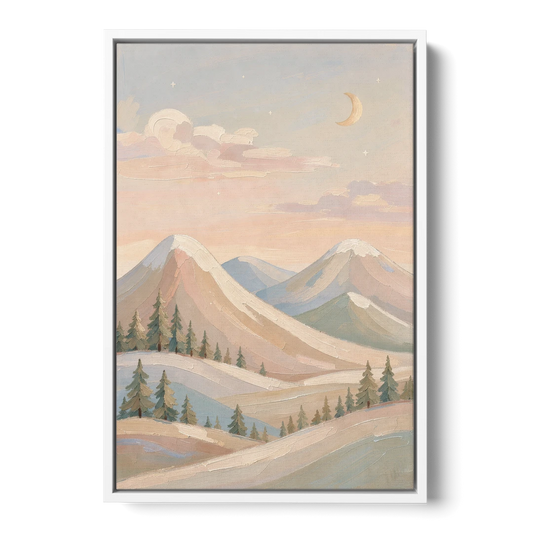 Crescent Moon Over Pastel Mountains for the Nursery - White Framed Canvas Wall Art - Front