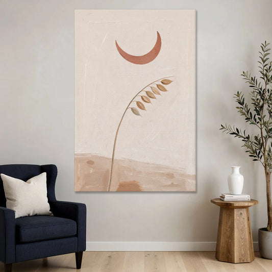 Crescent Moon Painting with a Bowing Grass Stem - Canvas Wall Art - Sofa - 40x60