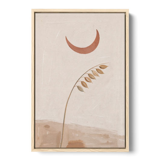 Crescent Moon Painting with a Bowing Grass Stem - Oak Framed Canvas Wall Art - Front
