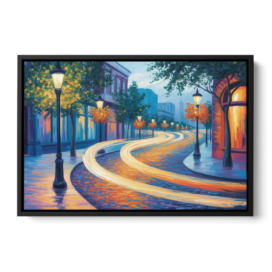 Crescent Street Lights - Black Framed Canvas Wall Art - Front