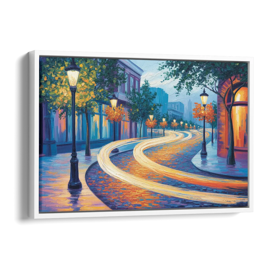 Crescent Street Lights Side - White Canvas Wall Art