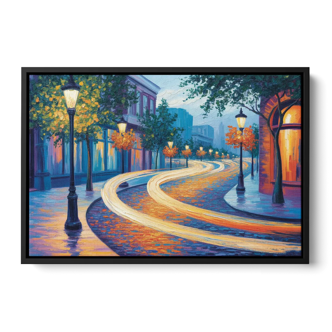Crescent Street Lights Front - Black Canvas Wall Art