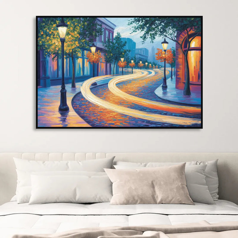 Crescent Street Lights Sitting Room - Black Canvas Wall Art
