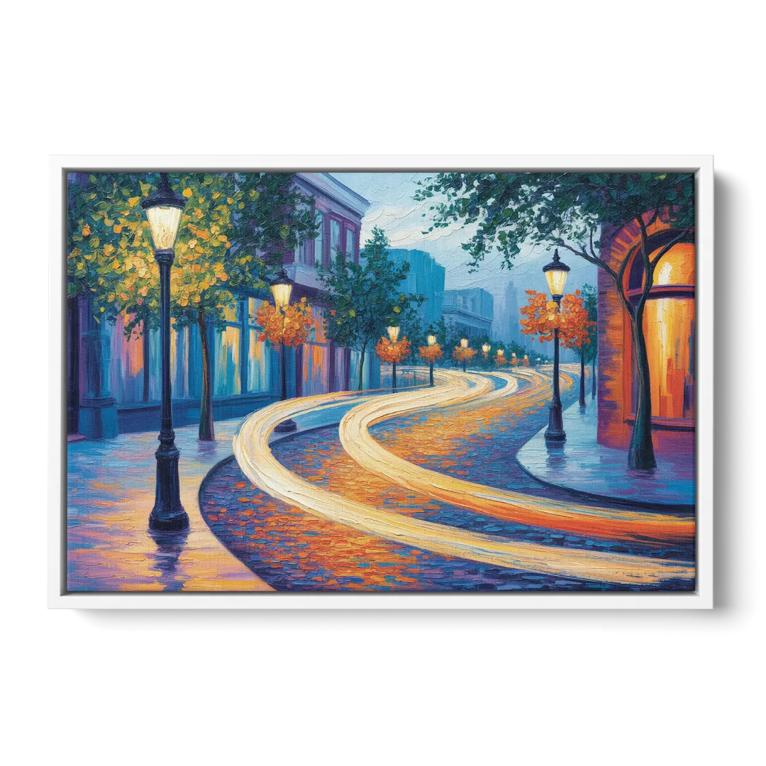 Crescent Street Lights Front - White Canvas Wall Art