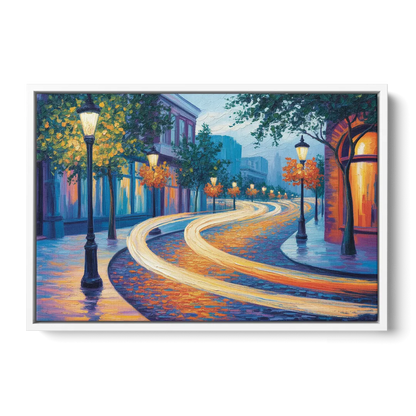Crescent Street Lights Front - White Canvas Wall Art