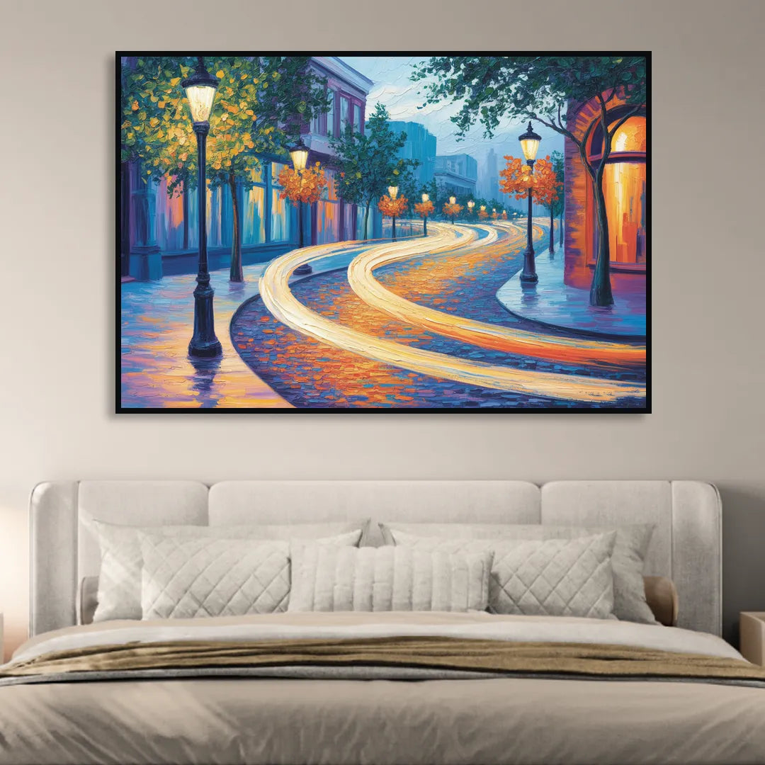 Crescent Street Lights Living Room - Black Canvas Wall Art