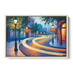 Crescent Street Lights - Oak Framed Canvas Wall Art - Front