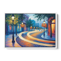Crescent Street Lights - White Framed Canvas Wall Art - Front
