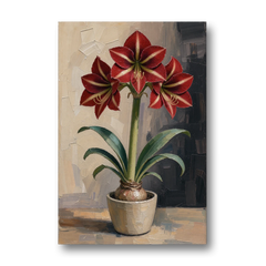 Crimson Amaryllis Flower in a Cream Pot - Canvas Wall Art - Front