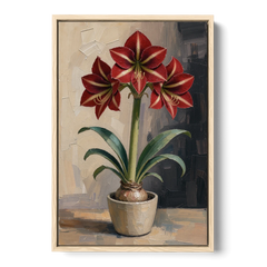 Crimson Amaryllis Flower in a Cream Pot - Oak Framed Canvas Wall Art - Front