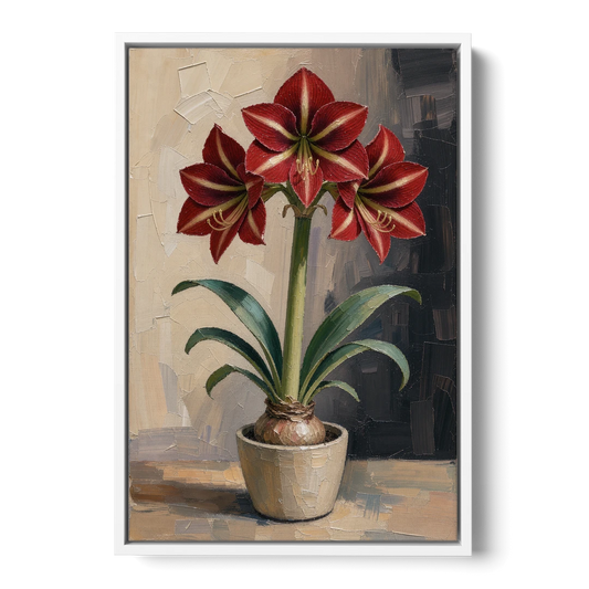 Crimson Amaryllis Flower in a Cream Pot - White Framed Canvas Wall Art - Front