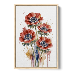 Crimson Anemone Flower Trio for the Living Room - Oak Framed Canvas Wall Art - Front