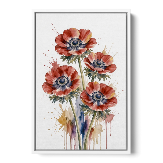 Crimson Anemone Flower Trio for the Living Room - White Framed Canvas Wall Art - Front