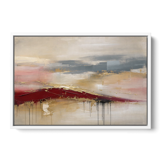 Crimson Ridge with Gold Seams in Ivory Haze - White Framed Canvas Wall Art - Front