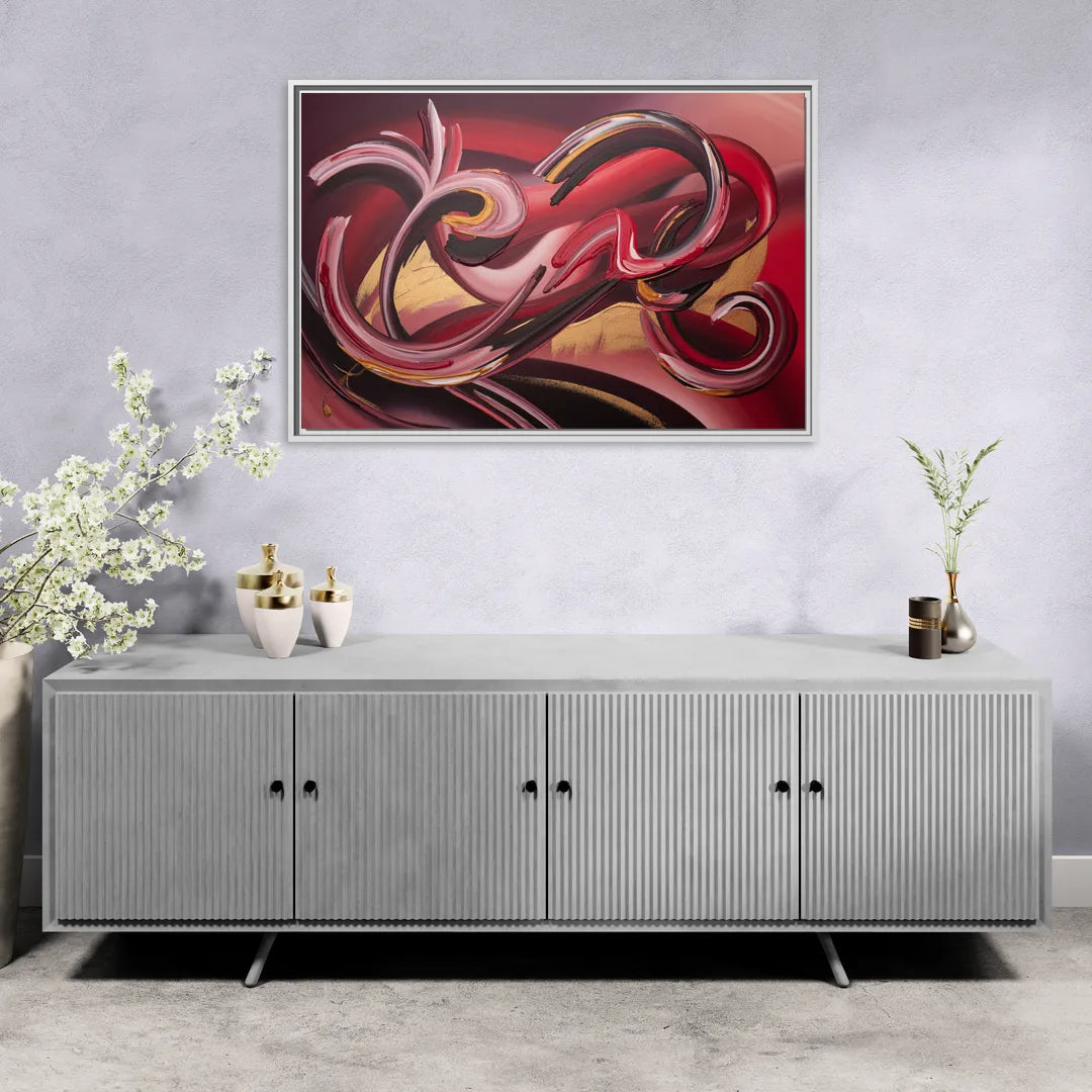 Crimson Whirlwind Red Abstract - Living Room White Frame Canvas