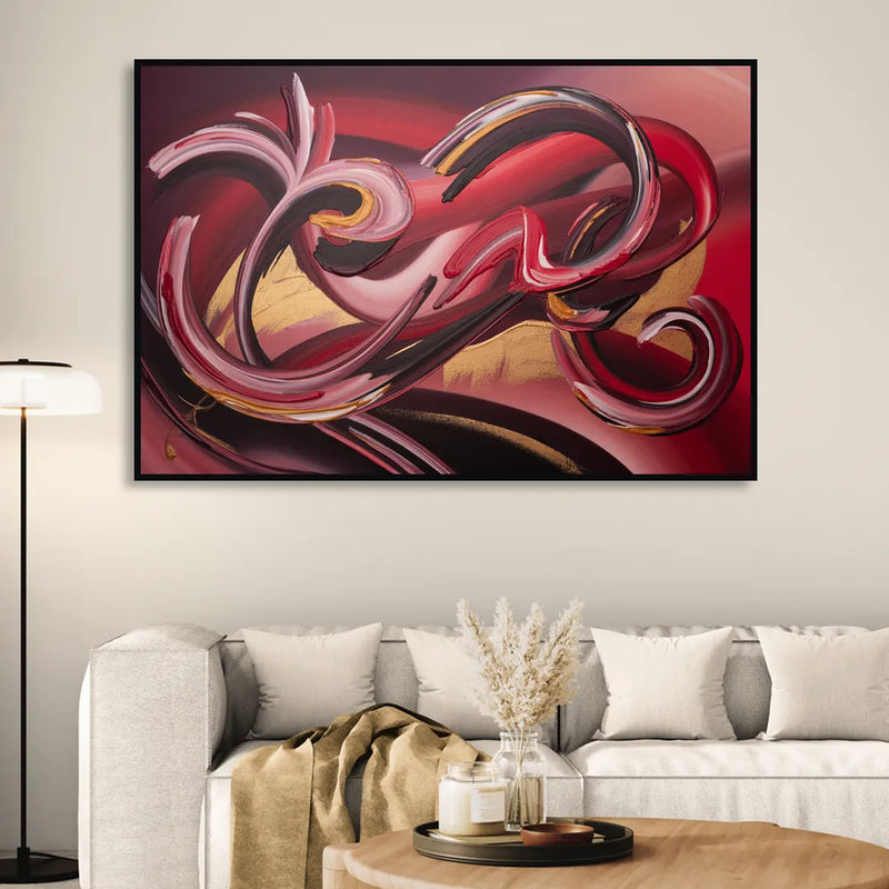 Crimson Whirlwind Red Abstract Living Room - Black Canvas Wall Art