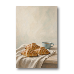 Croissant Painting with French Blue Coffee Cup - Canvas Wall Art - Front