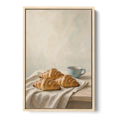Croissant Painting with French Blue Coffee Cup - Oak Framed Canvas Wall Art - Front