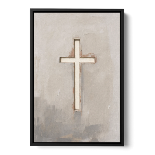 Cross Canvas Painting of Light Through Plaster - Black Framed Canvas Wall Art - Front