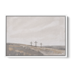 Cross Wall Art of Calvary Under a Quiet Sky - White Framed Canvas Wall Art - Front