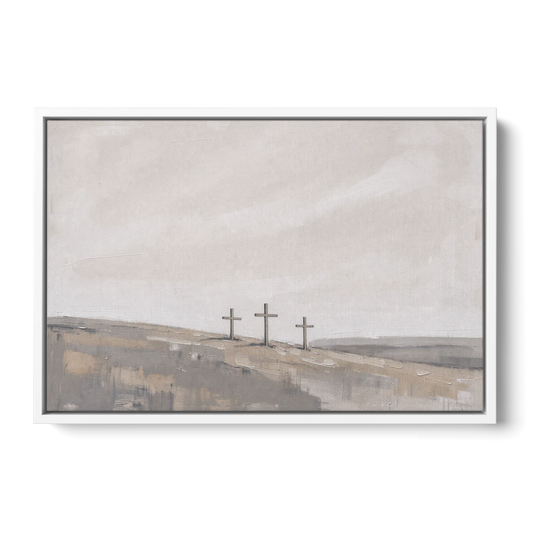 Cross Wall Art of Calvary Under a Quiet Sky - White Framed Canvas Wall Art - Front